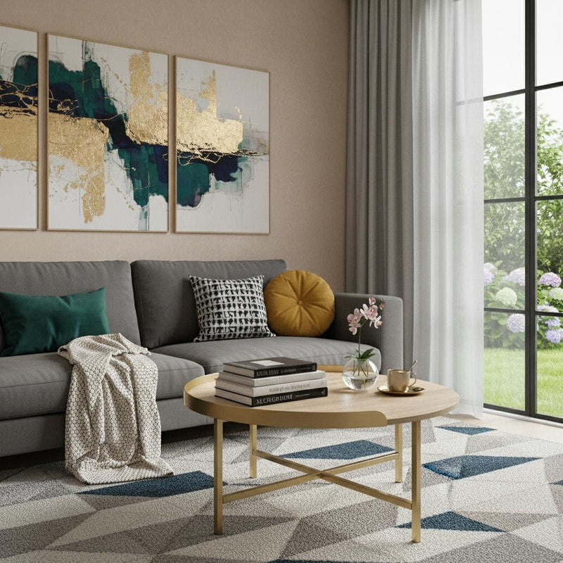 Manufactured Wood And Metal Round Coffee Table - Gold And Oak