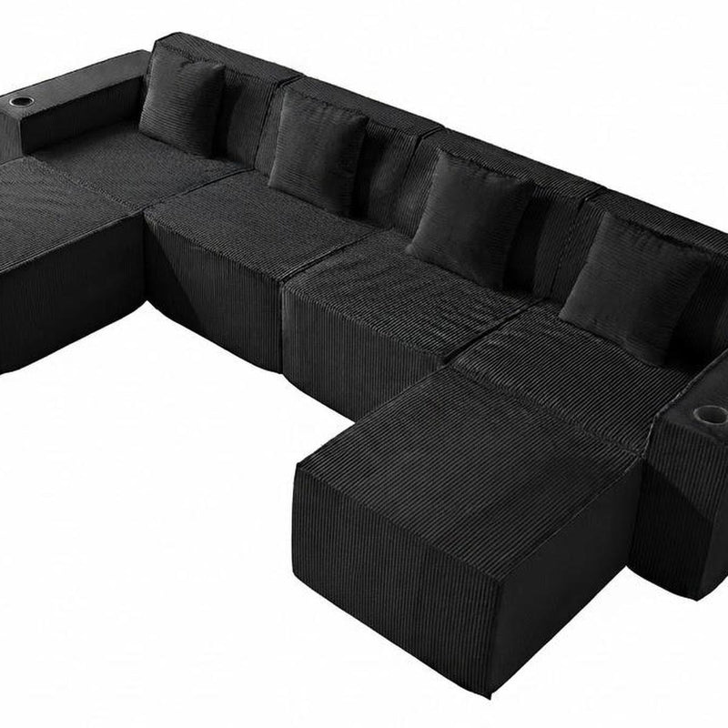 Corduroy Modular Sofa With Ottoman And Toss Pillows - Black