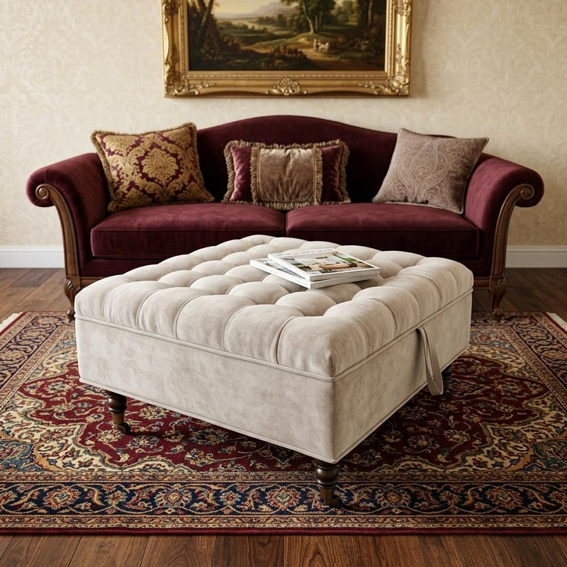 Rolling Chenille Tufted Ottoman With Storage - Gray And Black