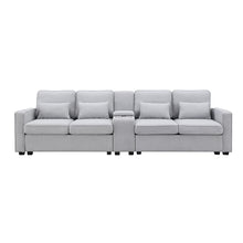 Load image into Gallery viewer, [VIDEO provided] [New] 114.2&quot; Upholstered Sofa with Console, 2 Cupholders and 2 USB Ports Wired or Wirelessly Charged, Modern Linen Fabric Couches with 4 Pillows for Living Room, Apartment (4-Seat)
