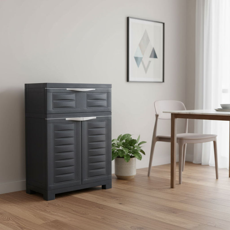 35" Heavy Duty Plastic Two Door One Drawer Utility Cabinet - Dark Gray