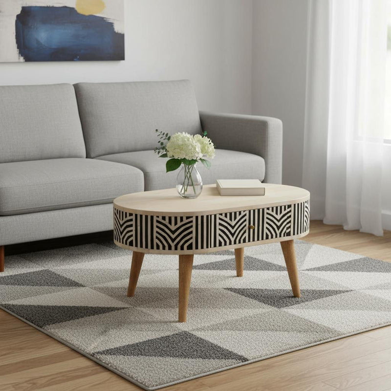 Solid Wood Oval Coffee Table With Two Drawers - Black Bone / Oak