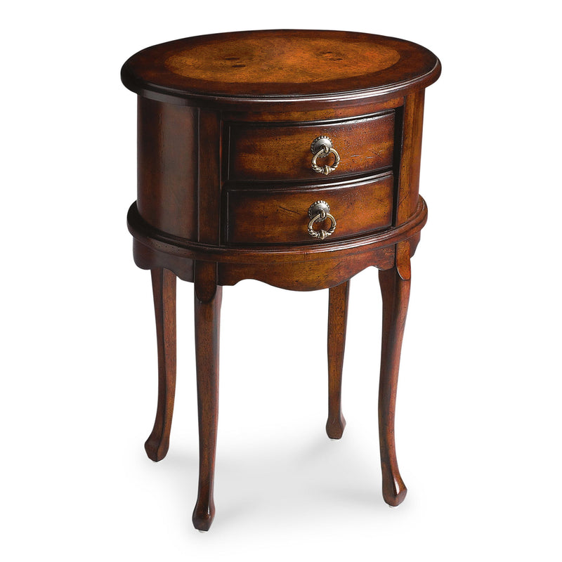 Manufactured Wood Oval End Table With Two Drawers - Dark Brown And Cherry
