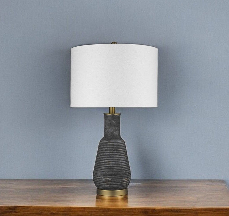 Ceramic Column Lamp With White Drum Shade - Gray And Gold