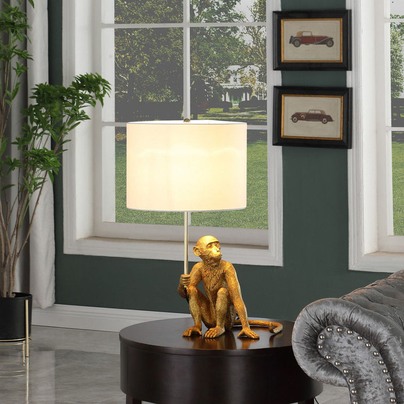 Sitting Monkey Table Lamp With White - Antiqued Gold