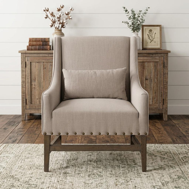 And Beige Fabric And Solid Wood Wingback Chair - Gray