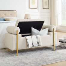 Load image into Gallery viewer, Elegant Upholstered Storage Bench With Cylindrical Arms And Iron Legs,

