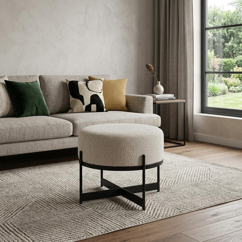 Fabric Round Pouf Ottoman (730855) - Cream / Black