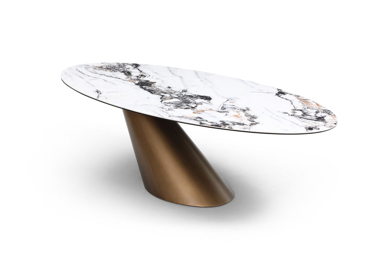 Ceramic Steel Pedestal Base Oval Dining Table - Gold / Gray / White