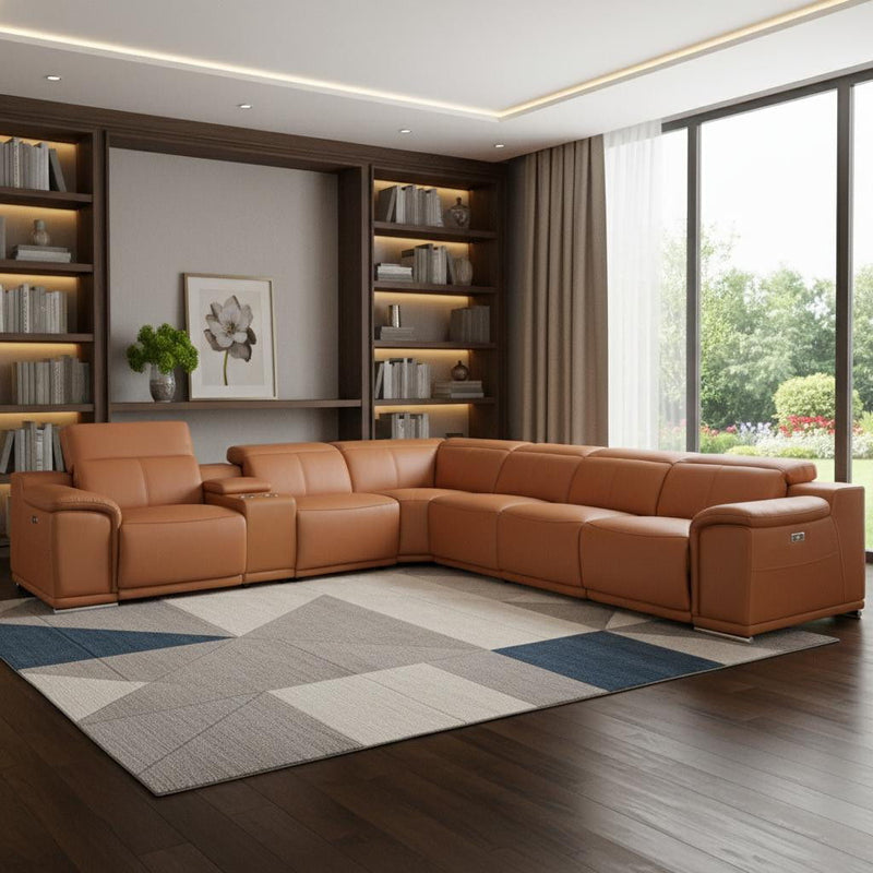 Italian Leather Power Reclining U Shaped Seven Piece Corner Sectional With Console - Camel