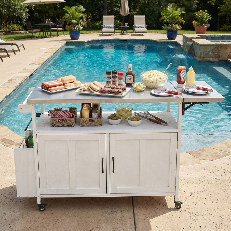 Foldable Outdoor Kitchen Island With Lockable Wheels, Storage Cabinet And Towel Rack For Patio