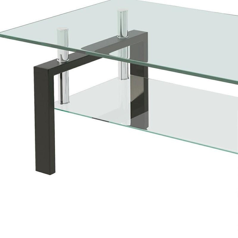 39" Glass And Steel Coffee Table With Shelf - Clear / Black