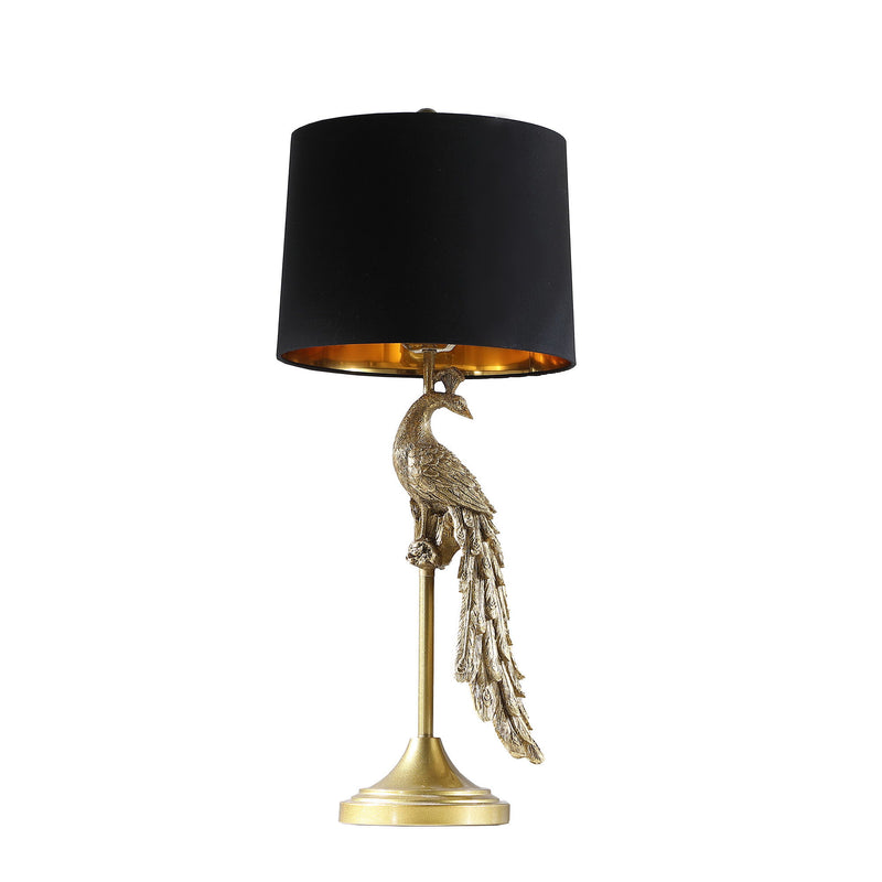 Peacock Table Lamp With Black Drum Shade - Gold