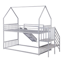 Load image into Gallery viewer, Twin over Twin Metal Bunk Bed House Bed with Slide and Staircase, Silver
