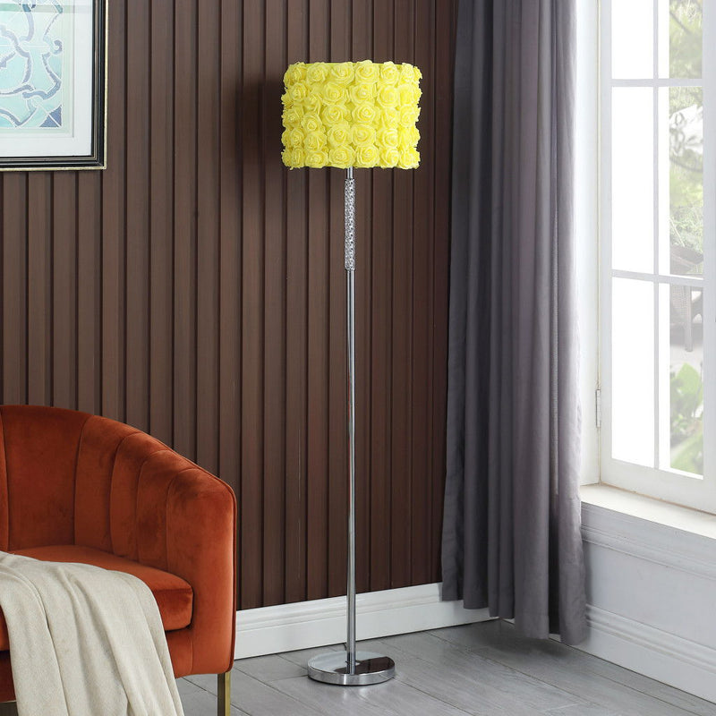 Steel And Acrylic Floor Lamp With Flowers Fabric Drum Shade - Silver Yellow