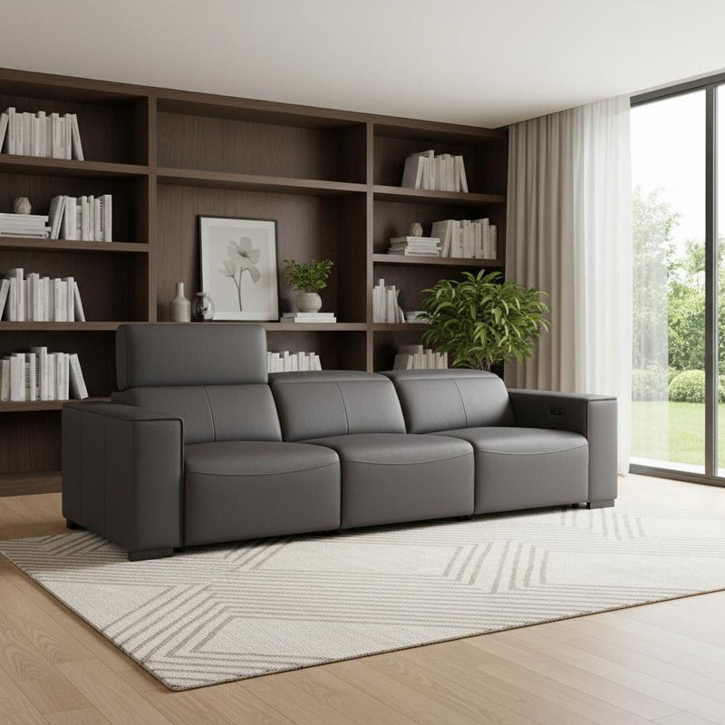 Top Grain Leather Reclining Metal USB Sofa (720308) - Dark Gray