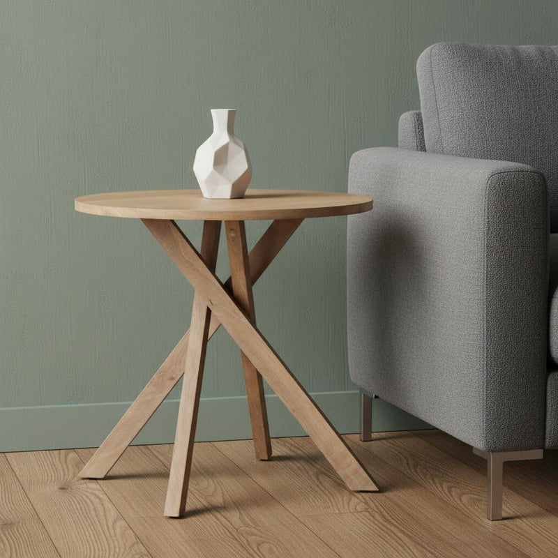 Distressed Solid Wood Round Cross Legs End Table - Natural