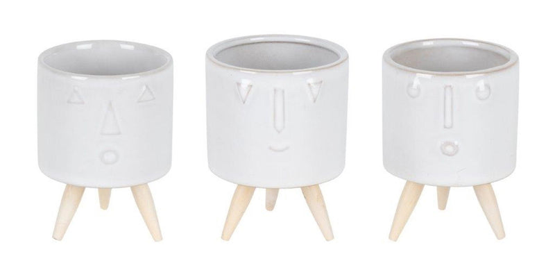 Porcelain Round Funny Face Pot Planters With Stands (Set of 3) - White
