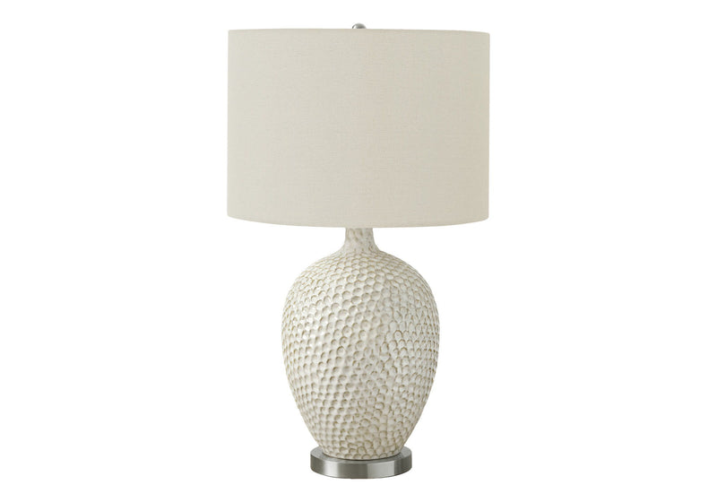 Ceramic Round Table Lamp With Cream Drum Shade - White And Silver