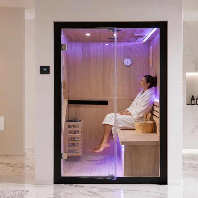 Double Indoor Stove Sauna Room With LED Lighting - Almond