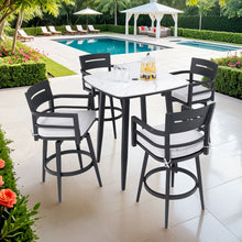 Load image into Gallery viewer, Modern Outdoor Patio Bar Set, Rounded Square Table &amp; Bar Chairs, Non Rust Frame, Tapered Legs, Sunbrella Cushion
