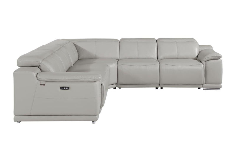 Italian Leather Power Reclining U Shaped Five Piece Corner Sectional With Console - Light Gray