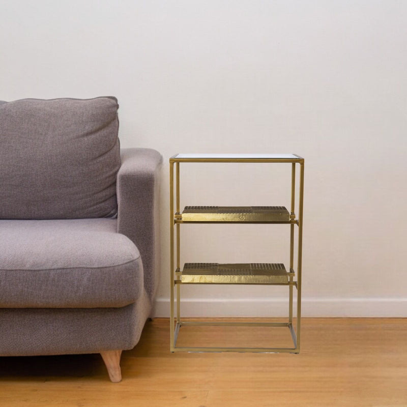 Glass Iron Rectangular End Table With Two Shelves - Brass