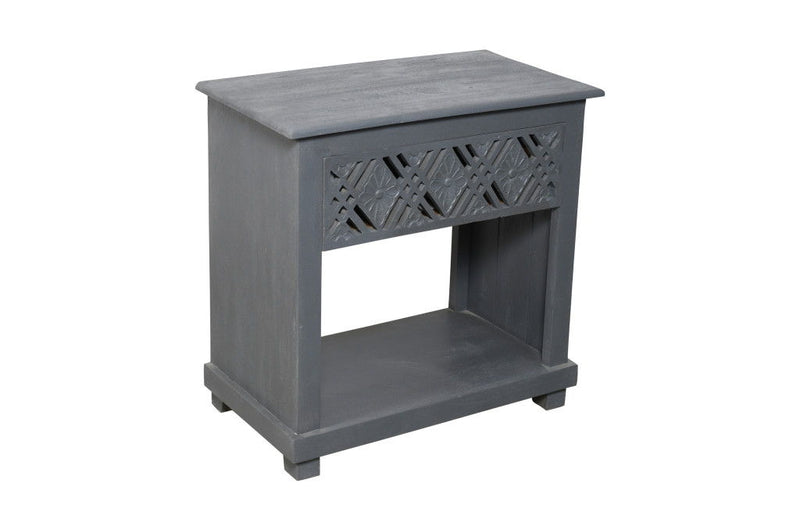 Solid Wood Distressed Carved Geometric One Drawer Nightstand - Gray