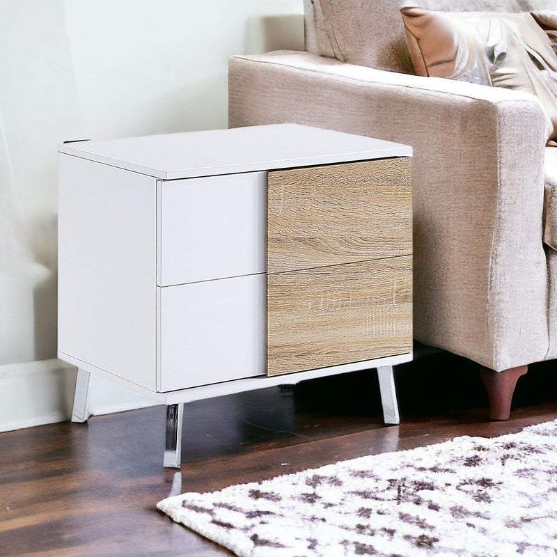 High Gloss Manufactured Wood Rectangular End Table With Two Drawers - White