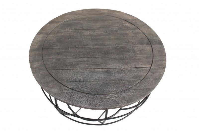 Wash Solid Wood And Cast Iron Round Distressed Coffee Table - Gray