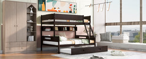 Wood Twin over Full Bunk Bed with Storage Shelves and Twin Size Trundle, Espresso