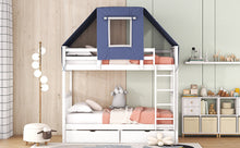 Load image into Gallery viewer, Twin Over Twin Bunk Bed Wood Bed with Tent and Drawers, White+Blue Tent
