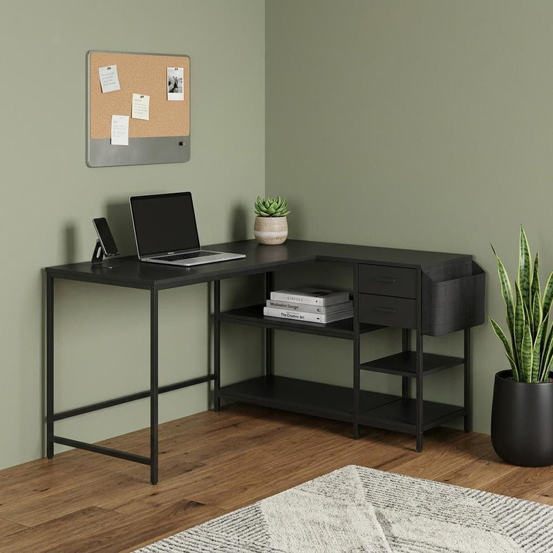 Stainless L Shape Computer Desk With Two Drawers - Black