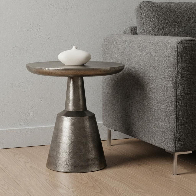 Distressed Iron Round Pedestal End Table - Silver