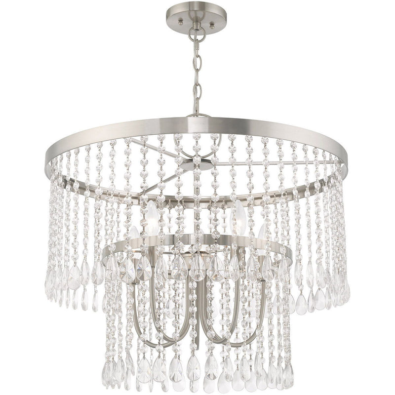 23" Five Light Dimmable Chandelier With Shades - Nickel / Pearl Silver