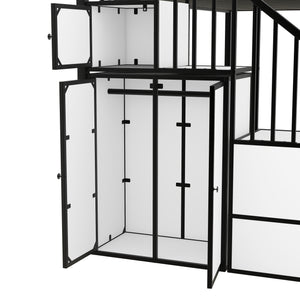 Metal Twin over Twin Castle-shaped Bunk Bed with Wardrobe and Multiple Storage, Black+White