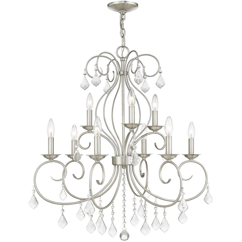 Nine Light Metal Dimmable Chandelier With Shades - Nickel / Clear