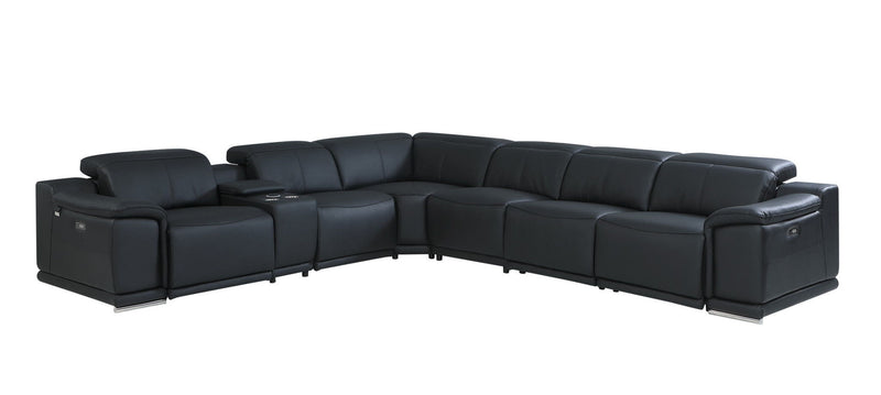 Italian Leather Power Reclining Seven Piece Corner Sectional With Console - Black