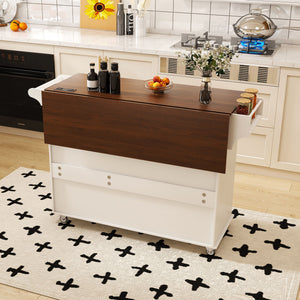 Kitchen Island Cart With Foldable Tabletop & Drop Leaf Mobile Breakfast Bar With Wood Top And Storage - White / Walnut