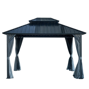 10x12ft Gazebo Double Roof Canopy with Netting and Curtains, Outdoor Gazebo 2-Tier Hardtop Galvanized Iron Aluminum Frame Garden Tent for Patio, Backyard, Deck and Lawns