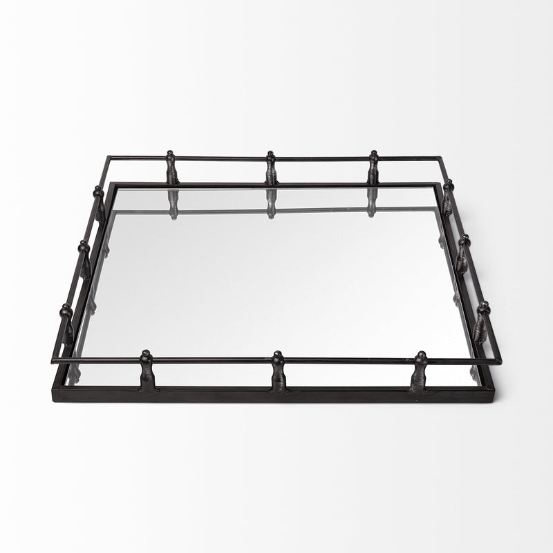 Finish Metal With Mirrored Glass Bottom And Railing Handle Tray - Silver