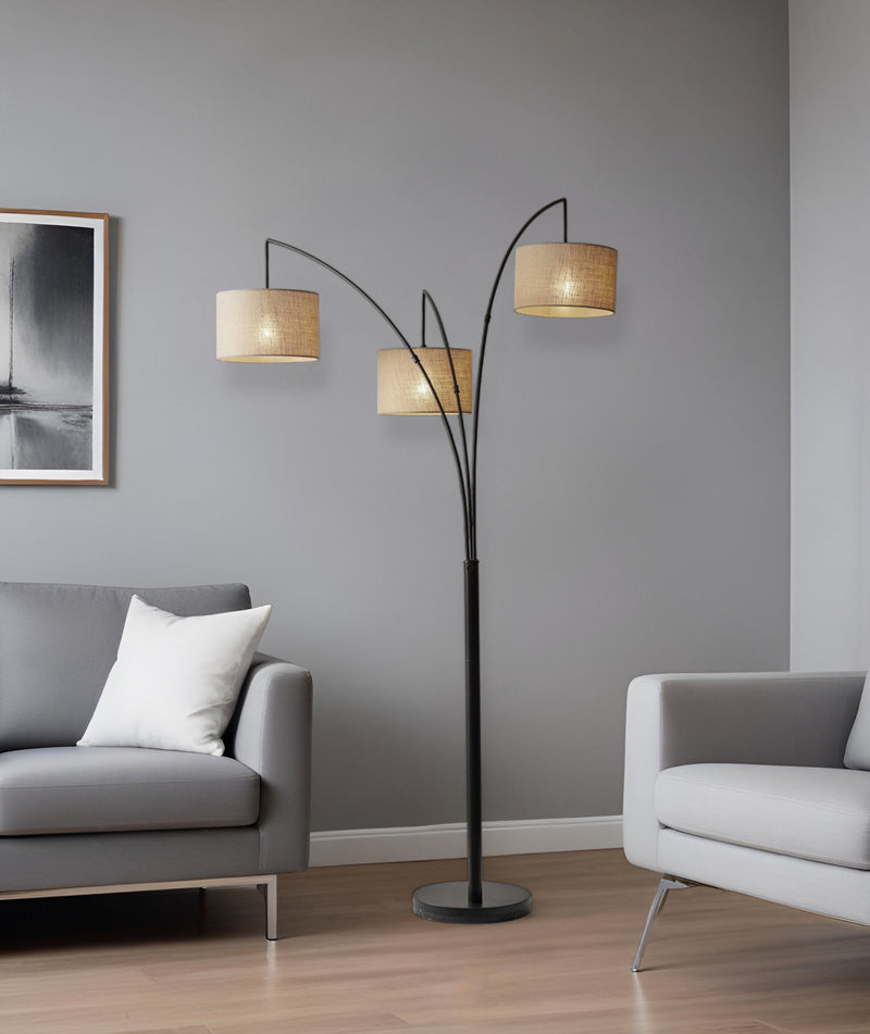 Metal Three Light Tree Floor Lamp With Beige Fabric Drum Shades - Antiqued Black / Bronze