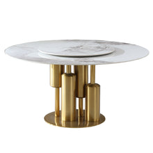 Load image into Gallery viewer, 53&quot; Round Marble Dining Table With Lazy Susan, Dining Room, Dinette (Table Only) - Gold / Gold / White
