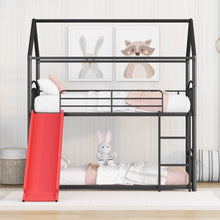 Load image into Gallery viewer, Twin Over Twin Metal Bunk Bed With Slide,Kids House Bed Black+Red
