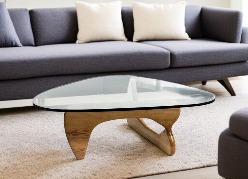 Glass And Solid Wood Triangle Coffee Table - Clear And Brown