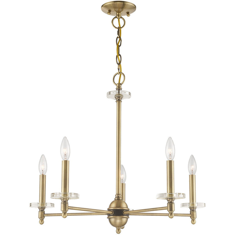 Five Light Metal Dimmable Chandelier With Shades - Antiqued Brass / Clear