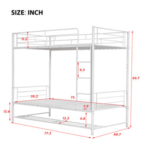 Twin Over Twin Metal Bunk Bed with Shelf and Guardrails, White