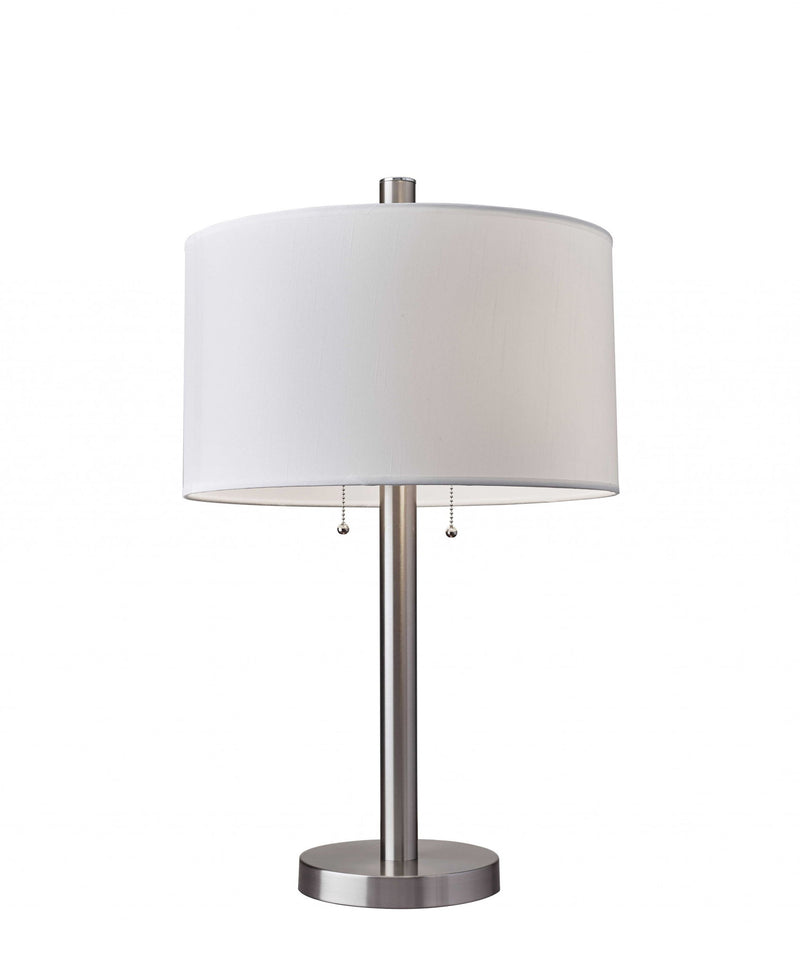 Metal Two Light Bedside Table Lamp With White Drum Shade - Silver