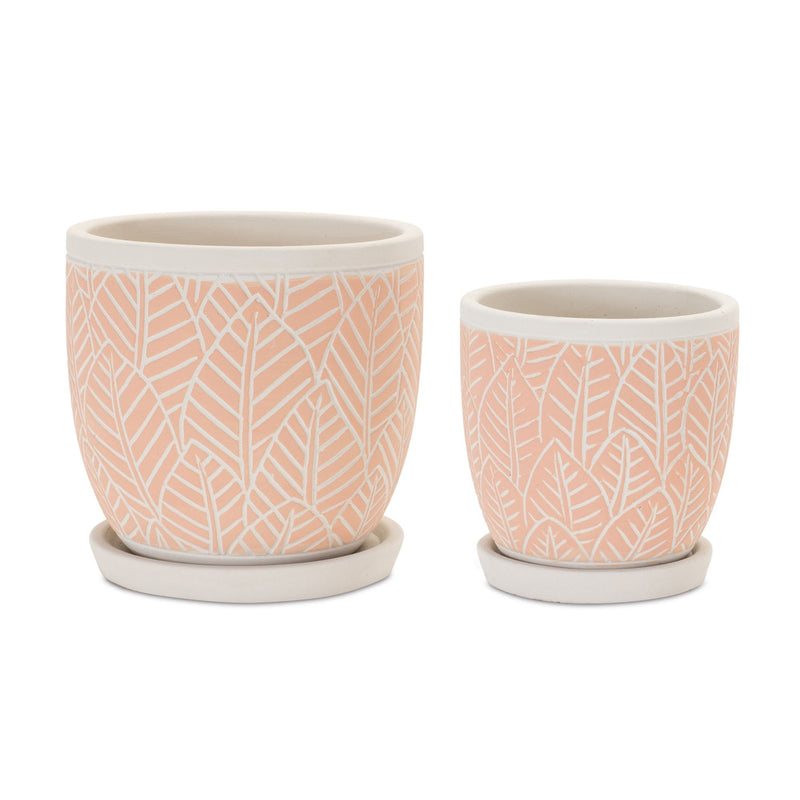 Leaf Round Pot Planters (Set of 2) (721450) - Pink / Beige