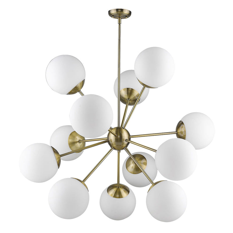 Sputnik Twelve Light Frosted Metal Dimmable Chandelier With White Shades - Brass / White